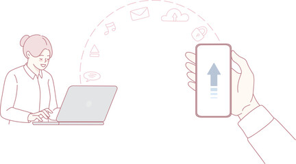 A woman is working on her laptop and sharing data via mobile technology for better productivity and efficiency