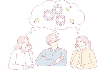 Three individuals engaged in brainstorming, with gears and lightbulbs symbolizing ideas and collaborative efforts