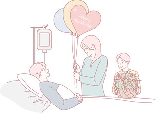 In a heartwarming hospital scene, joyous visitors bring happiness with cheerful balloons and beautiful flowers