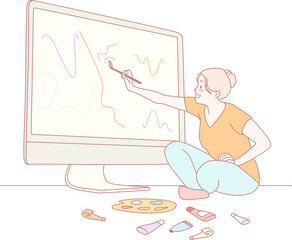 A skilled digital artist creates vibrant abstract designs on a computer, expressing creativity through colorful visuals