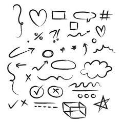 Brush sketch elements collection of hand drawn arrows shapes symbols lines icons vector illustration for presentation infographic notes design art.