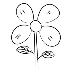 Simple hand drawn flower sketch with five petals and two leaves in minimal brush line style icon vector illustration design.