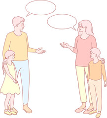 An illustrated and lively scene showcasing a family deeply engaging in a meaningful conversation with speech bubbles