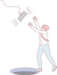 An artistic depiction of a person reaching for money over a dark hole, symbolizing financial challenges.
