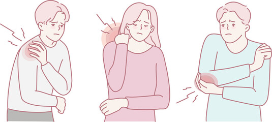 Art depicting people experiencing shoulder and arm pain demonstrates a variety of expressions and emotions.