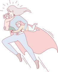 A superhero mom soars through the sky with her children, embodying strength, love, and fierce protection