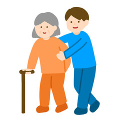 おばあさんを介助する男性