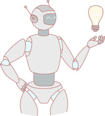 A whimsical and playful robot character primarily showcasing the essence of innovation with a glowing light bulb