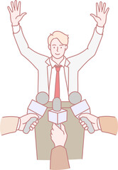 A spirited and confident speaker actively engages with reporters, raising hands in enthusiasm during a press event