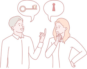 Two people discuss keys and locks, focusing on creativity, problemsolving, and innovative thinking