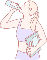 A fit woman drinks refreshing water while confidently holding a book, balancing fitness and knowledge