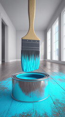 Bright turquoise paintbrush hovering over a can in newly renovated room