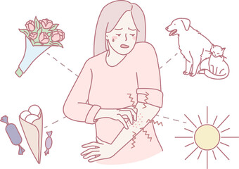 An illustration that explores various emotional triggers, such as pets, gifts, and the warmth of the sun