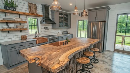 Rustic farmhouse kitchen with live-edge island