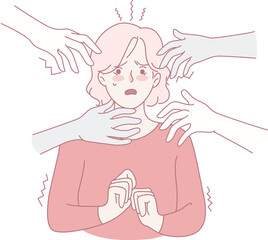 A worried woman is confronted by a multitude of overwhelming hands, representing her anxiety and pressure in life