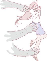 A terrified young girl faces shadowy hands emerging from darkness in a dynamic scene that evokes strong emotions