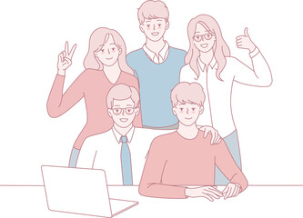 A vibrant group of five young professionals joyfully celebrating effective teamwork within a stylish office environment