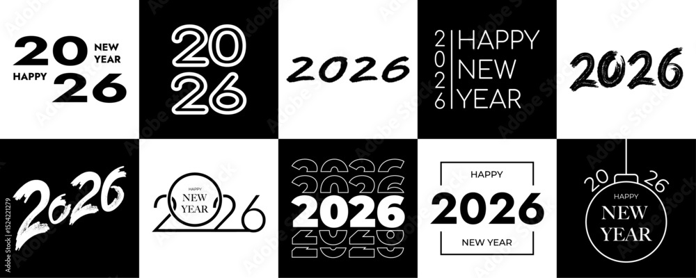 Poster set of 2026 happy new year text design, calligraphy sign 2026 on isolated black and white background