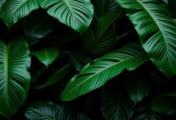 Abstract dark green tropical leaves, lush textured foliage background, decor, big