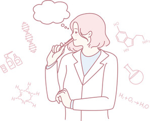 An illustration shows a woman scientist in thought, surrounded by lab symbols and equipment from her research