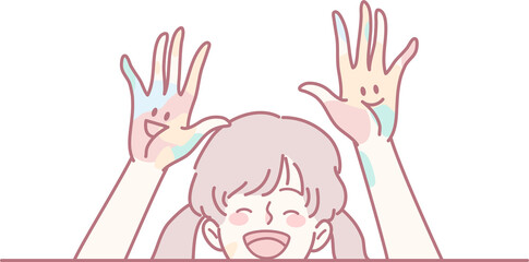 A cheerful child joyously showing off colorful handprints, beautifully embodying pure joy and creativity