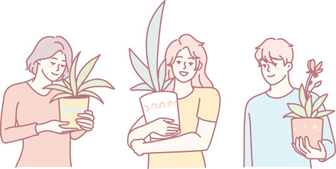 Three individuals are showcasing their genuine love for indoor plants in a beautifully crafted minimalist style