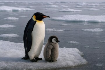 Obraz premium Emperor Penguin and Chick Standing on Ice