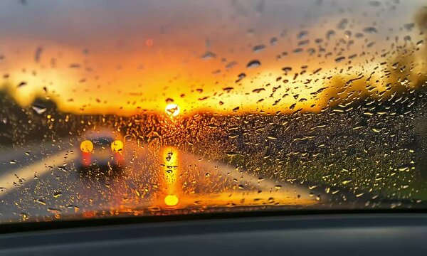 Golden Sunset Through Raindrops