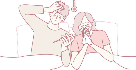 A cozy and heartwarming illustration showcases a couple feeling unwell, seeking comfort in each others warm presence