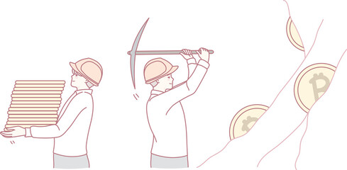 A stylized view of cryptocurrency mining, highlighting dedicated workers and the different coins in the process