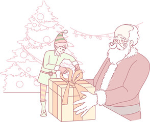 A joyful and festive illustration featuring Santa Claus alongside an elf happily wrapping a Christmas gift