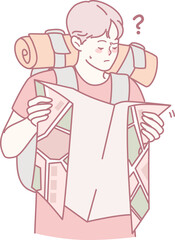 A confused hiker studies a map, trying to find their way while carrying a heavy backpack in the wilderness