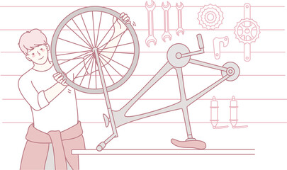 The illustration shows a person repairing a bicycle, surrounded by tools that reflect craftsmanship and creativity