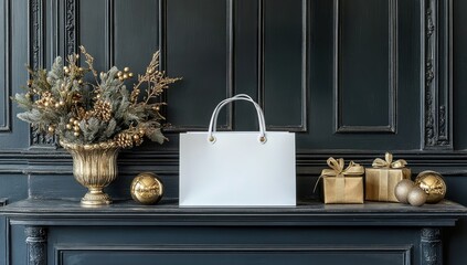White shopping bag on dark mantelpiece, festive decor