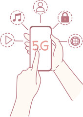 An illustration shows hands using a smartphone, emphasizing the benefits and connectivity of 5G technology