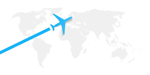Traveling Around the World - Air Transportation Vector Concept, Travel by Airplane - Grey World Map Creative Design with Symbol of Blue Plane Fly Intercontinental Routes to Various Destinations