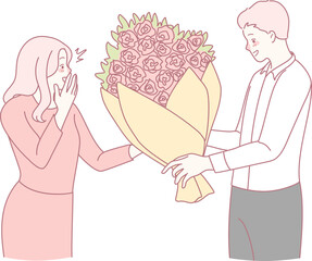 A man surprises a woman with a beautiful bouquet, creating a heartfelt romantic moment filled with emotions