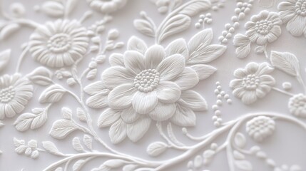 White embroidered floral lace fabric, showcasing detailed and delicate craftsmanship in a close-up view.