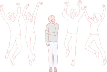 An illustration that represents contrasting emotions with figures joyfully celebrating and one feeling isolated