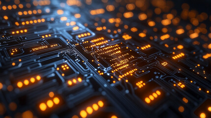 Close-up circuit board with glowing orange components. Abstract futuristic technology background