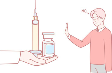 An artistic illustration showcasing vaccine hesitancy, featuring a person visibly rejecting a syringe and vial