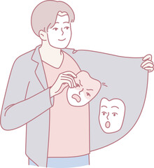 An individual illustrates the duality of human emotions with expressive masks in a unique artistic performance