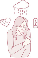 An illustration of a sorrowful person amidst heartbreak symbols, relentless rain, and deep exhaustion