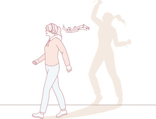 This illustration captures a womans inspiring journey from walking to experiencing joy through dance