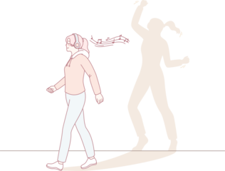 This illustration captures a womans inspiring journey from walking to experiencing joy through dance