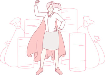 A confident woman stands proudly amidst a collection of bags, embodying immense strength and unwavering determination