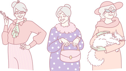 Colorful and vibrant illustrations of fashionable older women showcasing their unique styles and...