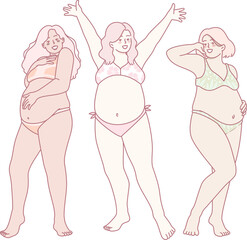 An illustration of diverse, expectant mothers in fashionable swimwear, joyfully celebrating body positivity