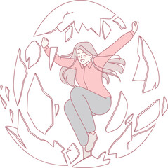 A joyful woman triumphantly breaking through barriers, beautifully symbolizing empowerment and true freedom