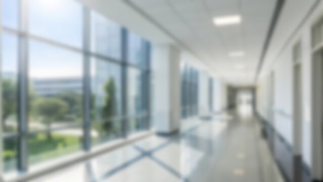 Blurred hospital corridor with bright, clean atmosphere and natural light, perfect for use as a background in healthcare, medical, or wellness projects